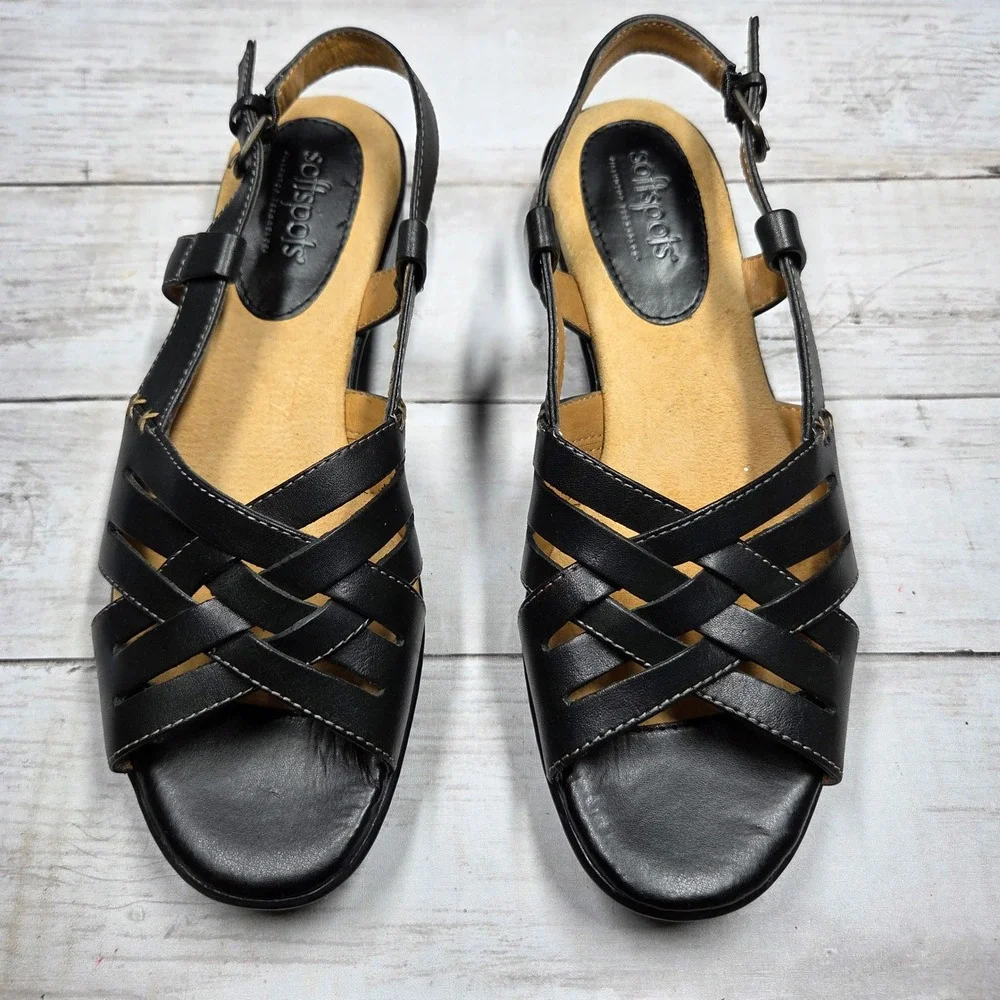 Softspots Pillowtop Leather Slingback Wedge Sandals Women 8M Black Woven Strappy